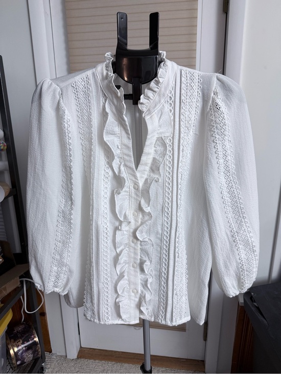 Alice Blue Tops - Alice Blue White Ruffled Lace-Trim Blouse puff sleeves semi sheer button down XL